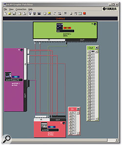 The mLAN Graphic Patchbay lets you create links between audio and MIDI Ins and Outs with the mouse, and easily manage the Master and Slave word-clock assignments. Note the colour-coded input and output windows, here for the mLAN16E (in the Motif ES) and 01X used for the review.