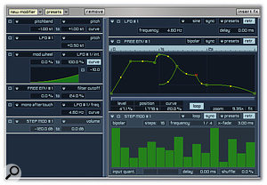 How modulation assignments appear in Modules View. Sources are on the left, control panels for appropriate destinations are on the right.