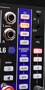 The function of the channels rotary encoders’ is set by the column of buttons: options include panning, send levels and EQ.