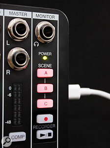 The Scene buttons allow instant storage/recall of mixer snapshots, and can include parameters that are only adjustable using the editor software.