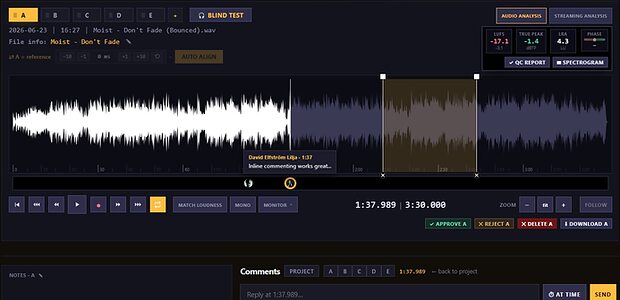 I/O Music Talkback online mix A/B/C comparison notes feedback collaboration tool