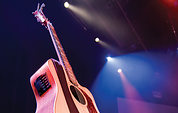 Acoustic guitar on stand on stage.