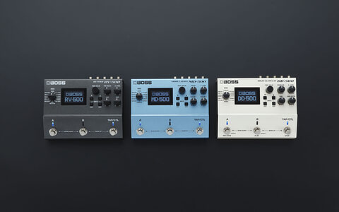 The original Boss DD-500 (right) is joined by two new pedals in the series: the RV-500 and MD-500.