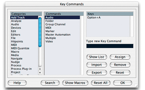 The Key Commands window showing a user assignment of the 'Add Track' Audio Command. The Key Commands window showing a user assignment of the 'Add Track' Audio Command.