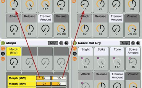 1: At the top are the Macro knob settings for the Dance Dot Org Instrument rack from Live’s Core Library pack (left) and for a variation created using the rack’s first five Macro knobs (right). The Dance Dot Org Instrument rack is enclosed in a new Instru