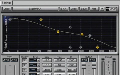 Here's a carefully tweaked RIAA de-emphasis curve that's provided by Waves in their collection of Q10 Pre/De-Emphasis presets. Notice the -12dB on the input faders to prevent digital overload. Here's a carefully tweaked RIAA de-emphasis curve that's provided by Waves in their collection of Q10 Pre/De-Emphasis presets. Notice the -12dB on the input faders to prevent digital overload.