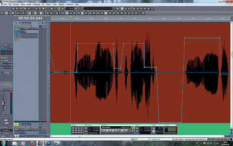  The vocal immediately following the Now Time marker (green line) sings 'Too late a ghost'. The 'T' of 'Too' is attenuated, after which the automation line rapidly slopes back up to reach the track's general level. The next attenuation is the 'T' in 'Late